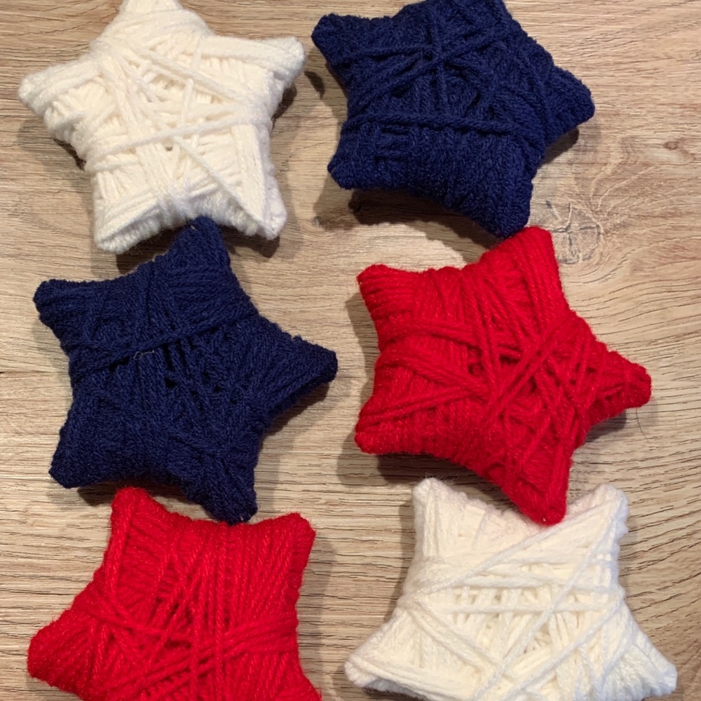 Set of 6 Red White Blue Star Ornaments New Handmade, Yarn Wrapped